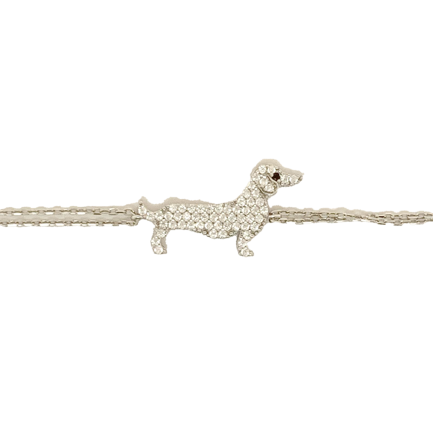 Silver Dachshund Bracelet with White Zircons and White Rhodium Plated