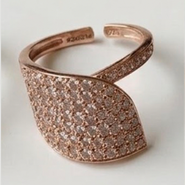 Anello Foglia Argento Zirconi Bianchi Placcato Oro Rosa