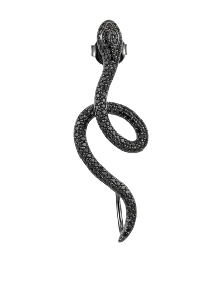 Orecchino Serpente Lungo Arrotolato Argento Zirconi Neri Rodio Nero