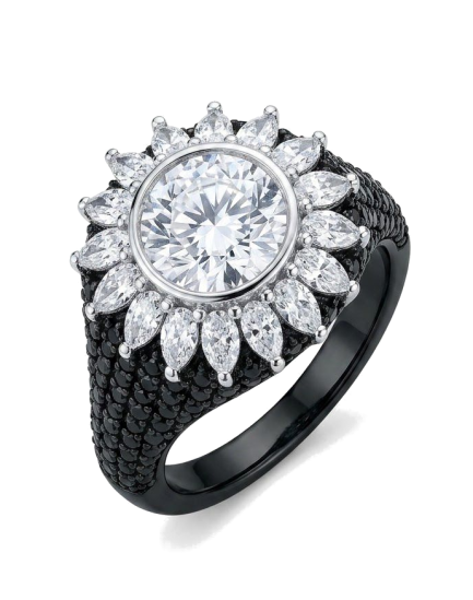 Anello Oriental Argento Pietra Bianca  Zirconi Bianchi e Neri Rodio Bianco
