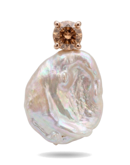 Pendente Argento Perla Piatta Zircone Champagne Placcato Oro Rosa