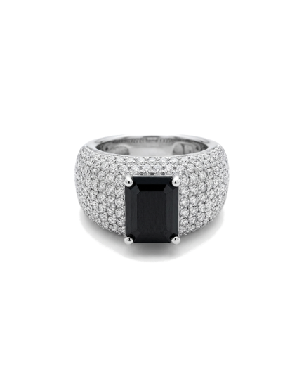 Anello Pavè Pietra Nera Argento con Zirconi Bianchi Rodio Bianco
