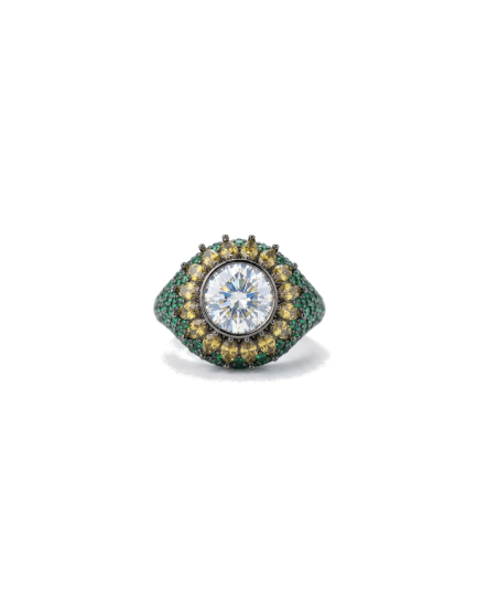 Anello Oriental Argento Pietra Bianca  Zirconi Peridoto e Verdi Rodio Nero